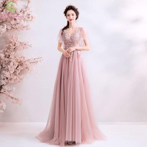 SSYFashion 2019 New Luxury Evening Dress Sweet Pink Lace Appliques Beading V-neck Floor-length Formal Party Gowns Robe De Soiree