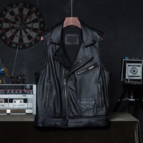 Classic Genuine Leather Vest Men 100% Cowhide Slim Motorcycle Vest Sleeveless Jackets Asian Size Wholesale Drop Shipping
