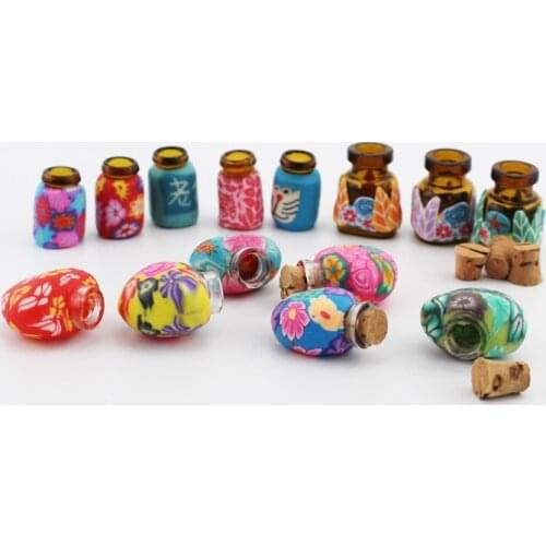 5pcs 1ml 2ml Ceramic Bottle Polymer Clay Refillable Perfume Necklace Essential Oil Glass Bottle with Wood Stopper