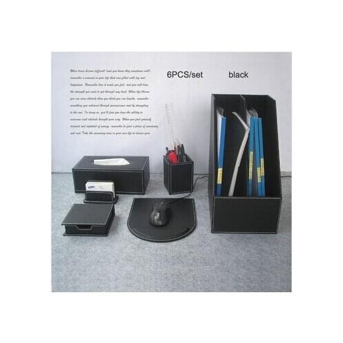 6PCS /set wood leather office desk file stationery accessories & organizer pen holder name card stand note case black TZ005