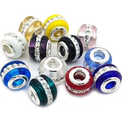 Free Shipping 50pcs mix Style Silver Plated Core Big Hole Glass Rhinestone Beads fit European Bracelet Charm DIY