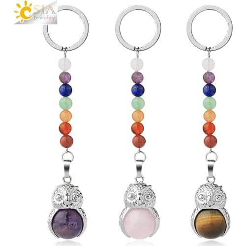 CSJA New Fashion Owl Keychain Lovely Animal Keyring Natural Stones Reiki 7 Chakra Chain Keys Holder for Motorcycle Car Bags G351