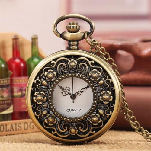 Vintage Elegant Flowers Hollow Half Hunter Sweater Chain Quartz Necklace Pocket Watch Arabic Numerals White Dial Antique Clock