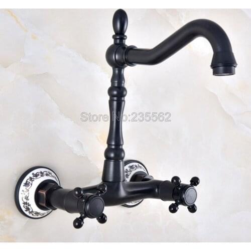 Oil Rubbed Black Bronze Kitchen Sink Faucet Wall Mounted Double Handle Bathroom Basin Mixer Tap Cold And Hot lnf815