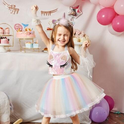 Unicorn Child Clothes Girls Evening Dress Rainbow Sequins Birthday Party TUTU Dresses Princess Dressing Unicorn TuTu Skirt Set