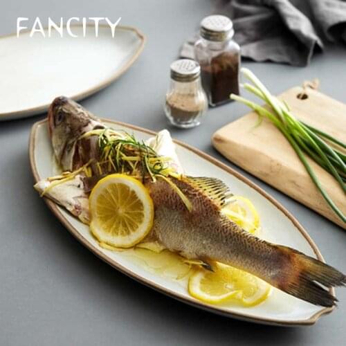 FANCITY Fish plate household steamed fish stoneware retro plate commercial restaurant large ceramic hotel tableware creative spe