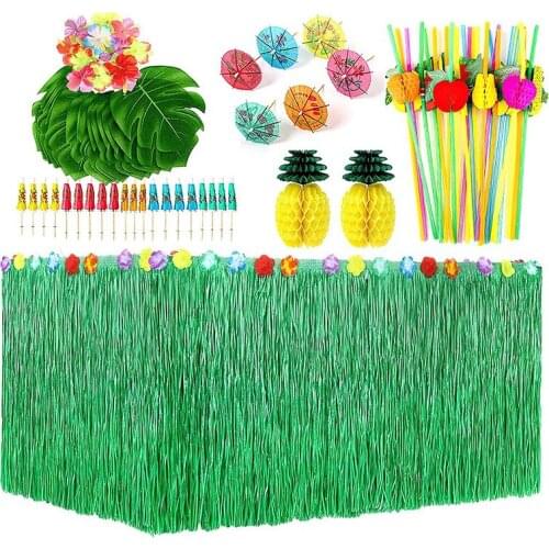 Hawaii Tropical Party Decoration Set Straw Table Skirt, Hibiscus Flower, Palm Leaf, Paper Pineapple Decoration