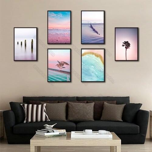 Modern Style Canvas Painting Poster Art Natural Landscape Pictures Pink Sky Blue Sea and Waves Seabird Home Rooms Wall Decorati