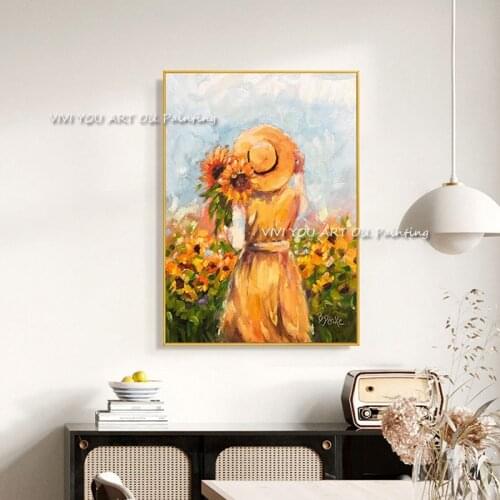 The Sunflower Wearing Yellow Hat Girl Hand Painted Modern Large New Abstract Oil Painting Canvas Picture For Bedroom Home Decor