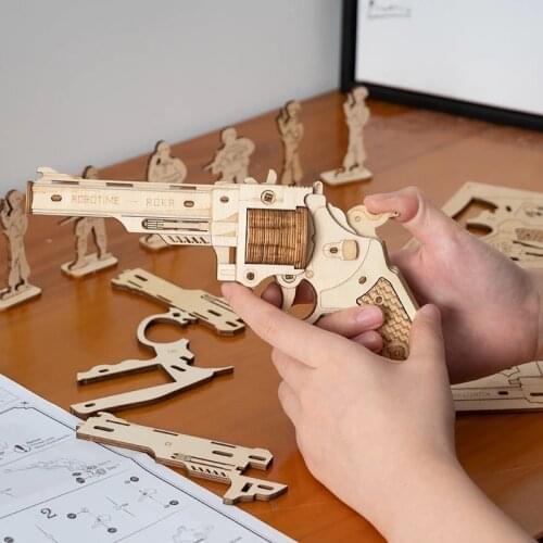 Curiosity Gun Building Blocks DIY Revolver,Scatte with Rubber Band Bullet Wooden Popular Toy Gift for Children Adult