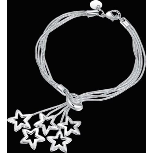 Hot new 925 sterling silver Bracelets for woman Snake chain hanging stars Wedding party Christmas Gift fashion Jewelry
