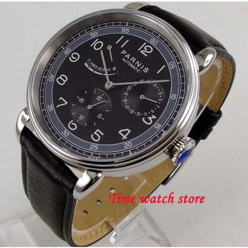 42mm Parnis automatic watch men polished Power reserve Date display waterproof leather black dial