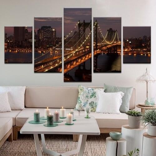 HD Printed Brooke Bridge Night Scene Wall Picture Modern Modular City Night Canvas Painting Home Decor