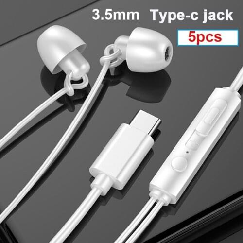 5pcs/lot Sleep Heavy Bass type C earphones 3.5mm Jack In Ear ear phone Headset Mic TypeC Earphone For iphone 4 5 6 xiaomi