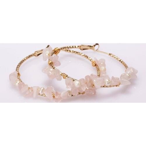 Raw pale pink crystal stone beaded & white freshwater pearl bead charm copper wire-wrapped gold big round hoop earring for woman