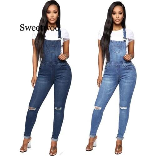 New Spring Women Overalls Cool Denim Jumpsuit Ripped Holes Casual Jeans Ladies Sleeveless Skinny Jumpsuits Hollow Out Rompers