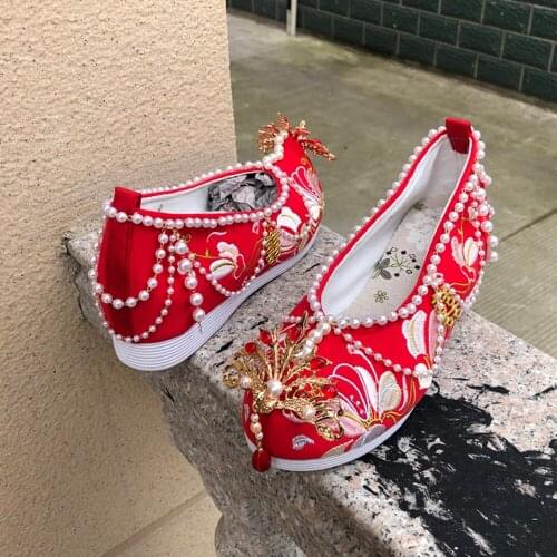 OLOMLB Phoenix Crown Women Round Toe Embroidery Floral Hanfu Chinese Style Hidden Heel Pearls Shoes New 2020