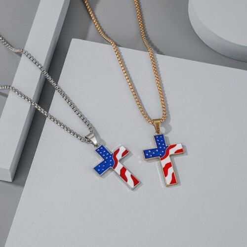 Classic Women Men US Flag Pattern Enamel Cross Pendant Necklaces Hip Hop Jewelry Fashion Gold Silver Color Long Chain Necklace