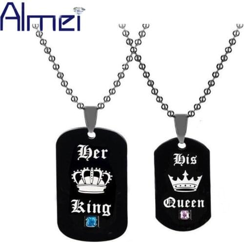 Almei Stainless Steel Necklaces & Pendants Her King and His Queen Black Titanium Beads Couple Necklace Pendant Men Jewelry SN115
