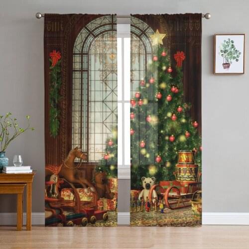 Christmas Bells Christmas Tree Windows Tulle Curtains for Living Room Decoration Modern Chiffon Sheer Voile christmas curtains