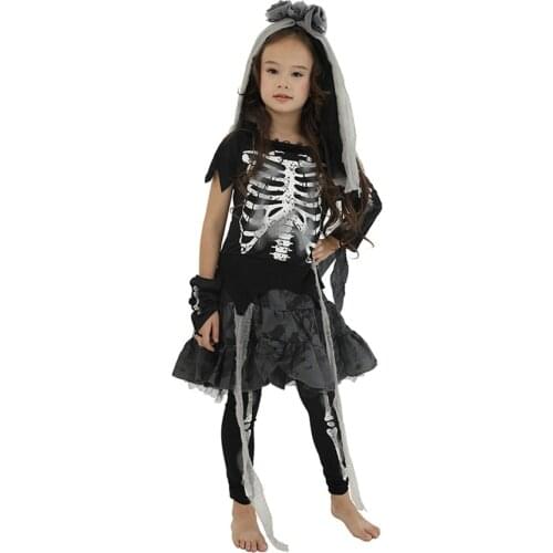 Scary Cosplay Children Gothic Bride Costume Halloween Vampire Dress for Girl Day of The Dead Carnival Party Disguise Devil Kids