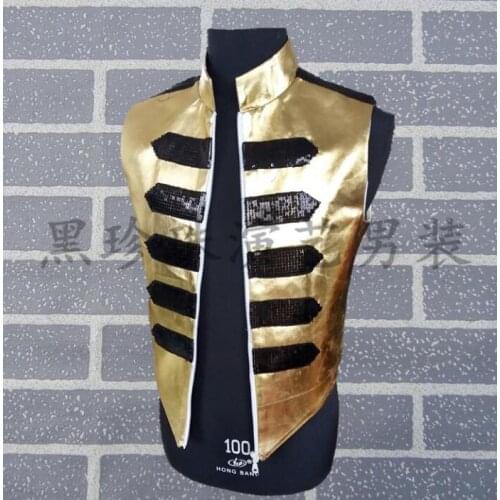 Stand collar personality slim male sleeveless vest men punk rock costumes hombre singer dance stage fashion personalized gold