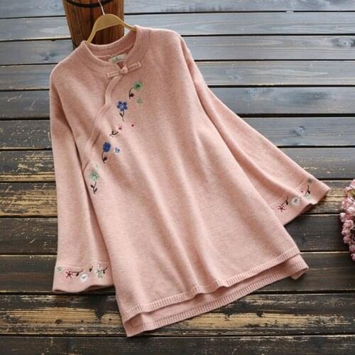 Knitted Chinese Style Clothing Women T-Shirt 2021 New Spring Slim Tang Suit Long Sleeve Loose Vintage Blouse And Top Women 31035