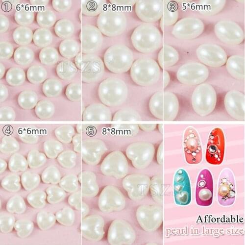 TSZS 75pcs /lot 5 Sizes Nail Art Decoration 3D Flat Back Half Round heart White Pearl