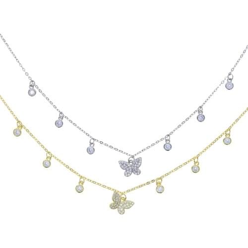 High Quality Tassel Choker Micro Pave CZ Cute Lovely Butterfly Charm Women Necklace 925 Silver