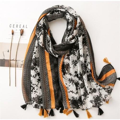 Ladies Fashion Ink Painting FloralTassel Viscose Shawl Scarf High Quality Print Soft Pashminas Stole Foulards Muslim Hijab Sjaal