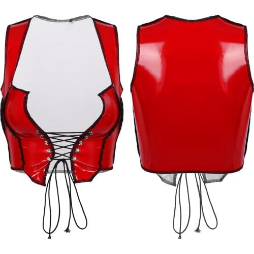 Women Pole Dance Lace-up Front Patent Leather Crop Top Wet Look Shiny Sleeveless Tank Top Short Vest Moto Fashion Clubwear