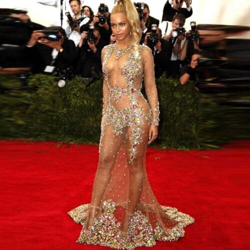 2020 Vestido de Festa Beyonce Sexy See Through Mermaid with Crystal Nude Color Long Sleeve Prom Mother of the Bride Dresses