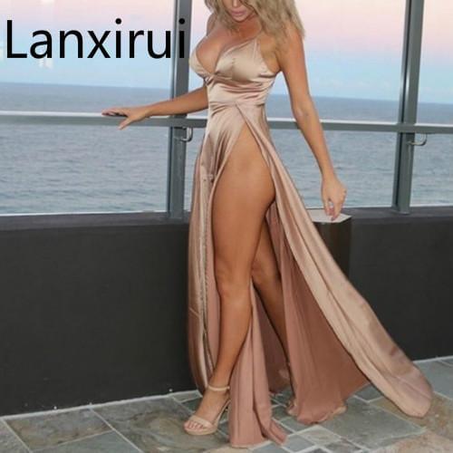 Sexy Spaghetti Strap Side High Slit Party Dresses Summer Elegant Womens Stain Long Evening Maxi Dress Clubwear