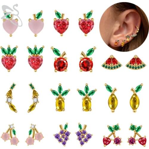 ZS 1 Pair Fruit Stud Earring For Women 20g Colorful CZ Crystal Cherry Grape Pineapple Ear Stud Helix Cartilage Piercing Earrings