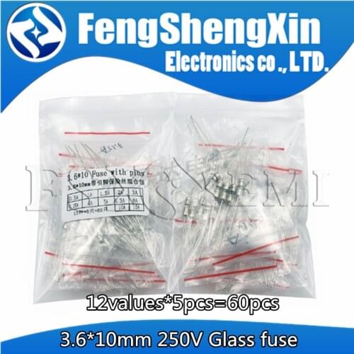12values*5pcs=60pcs 3.6*10mm Glass fuse Slow blow 250V 3.6x10 T0.1A-15A