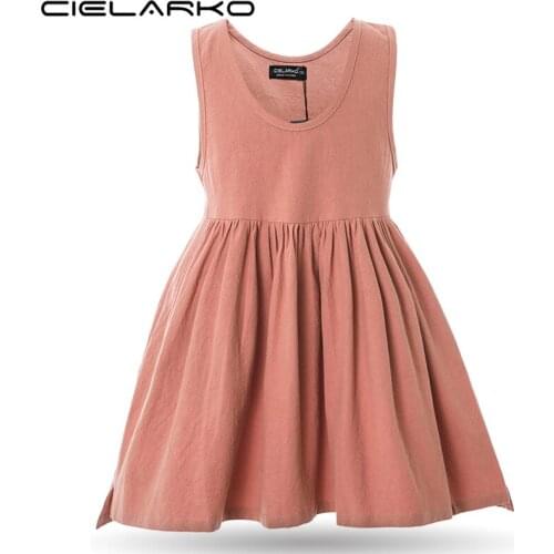 Cielarko Girl Cotton Dress Summer School Basic Kids Clothes Dresses Sleeveless Solid Children Classic Cotton Dress with Pocket
