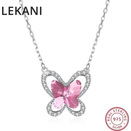 LEKANI Crystals From SWAROVSKI Cute Butterfly Pendants Necklaces For Women Girls Fine Jewelry Real S925 Silver Chain Collares