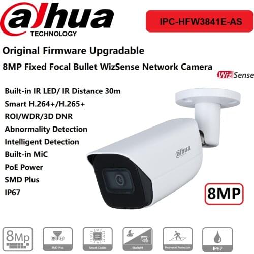IP Camera Dahua 8MP IPC-HFW3841E-AS IR30m Fixed-Focal Bullet WizSense Network PoE Power Buit-in Mic/Speaker SMD Plus Original