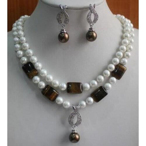 2row Hot Jewelry 7-8mm pearl pink Jade eye shell Pendant Necklace earring Set