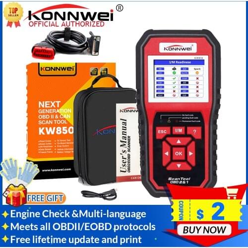 KONNWEI KW850 OBD2 Professional Scanner Full OBDII Functions Engine Check/O2 sensor/Battery Test PK Launch CR3008 Code Reader