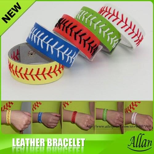 Softball baseball Leather Stitch Bracelet Yellow with Red Seam