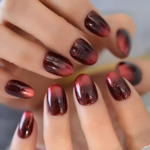 Red Beautiful Fake Nail Gradual Change Full Cover Nail Tips Oval Shape Medium Press On Glitter Nail