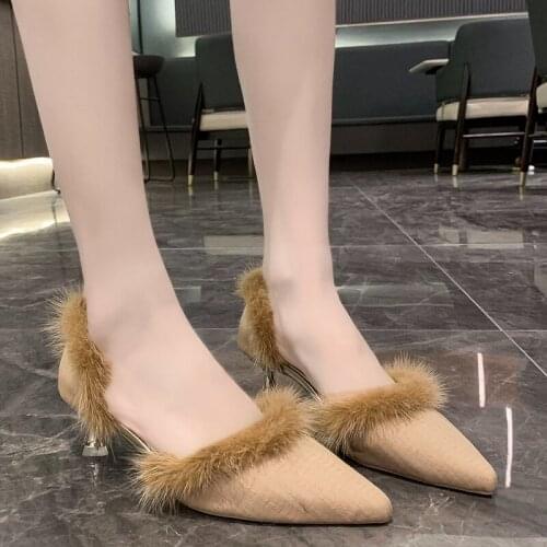 LLOGAI Faux Fur Pointed Toe Pumps Women Shoes Fashion Metal Stiletto Heels Spring Shoes Woman Shallow Single Shoes Ladies 2021