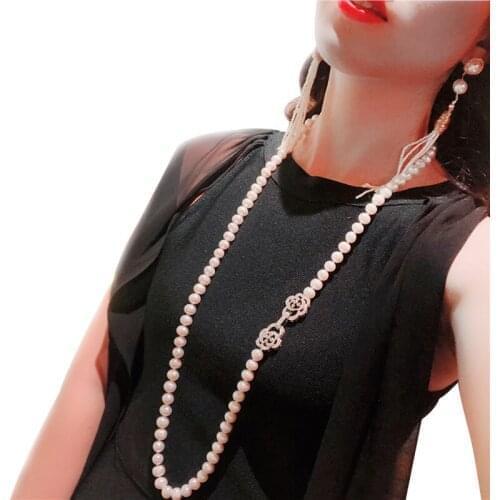 Trendy Real Natural Long Pearl Necklace Women,Wedding White Freshwater Round Pearl Necklace Party Gift