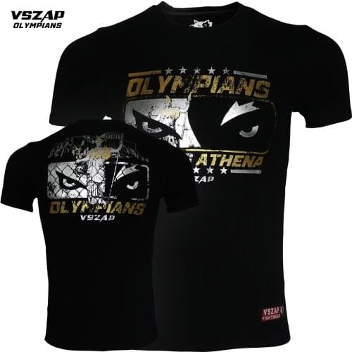 Vszap Men Sports Fighting Cotton Short Sleeves T-shirt Male Athena Fighting Training MMA Fitness Running Thai Boxing