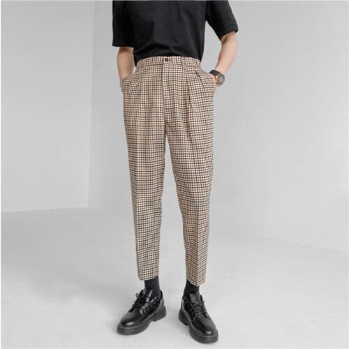 Houndstooth Men Suit Pants British Style Casual Cropped Trouser Elastic Waist Fashion Pant Social Party Pantalon Homme Classique