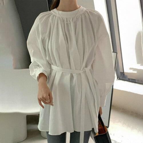 2021 New Women Spring White Cotton Loose Long Blouse with Waistbelt Round Collar Pullover Shirt Casual Tops