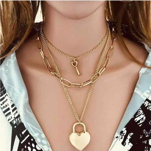 Charm Heart Lock Long Pendant Necklace Personal Layered Key Gold Chains Choker Necklace Women Fashion Accessories Wholesale Gift