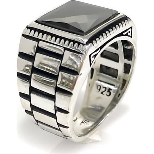 Plain Embroidered Onyx Square Black Stone Silver Men 'S Ring
