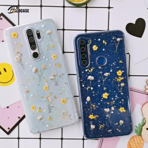 Transparent Glitter Dried Flower Case For Xiaomi Redmi Note 8 7 6 5 9 Pro 8T Clear Cover for Xiaomi Redmi K30 Mi 8 9 SE 10 Coque